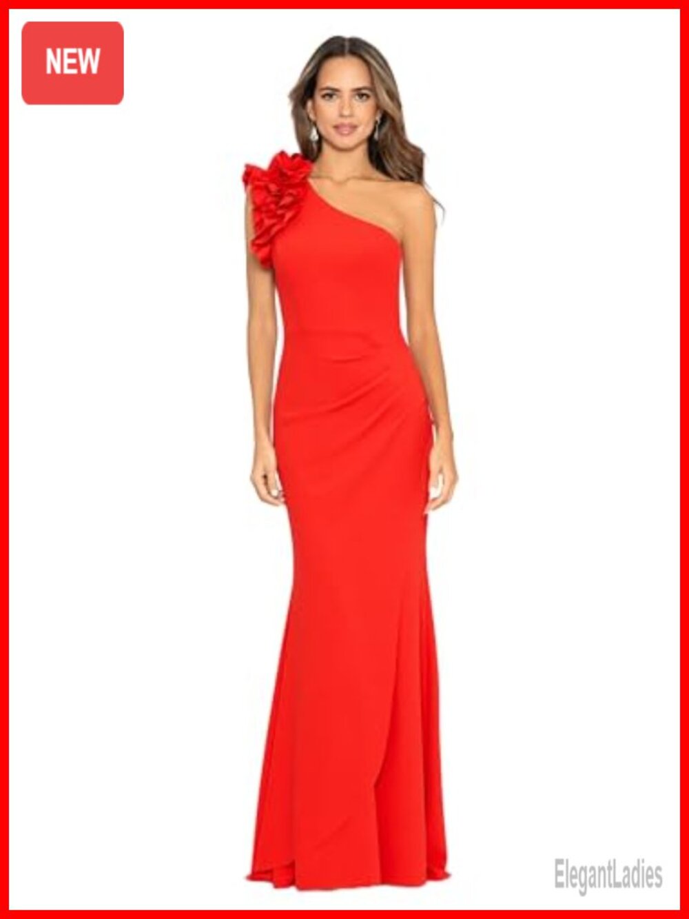 One-Shoulder Floor-Length Scuba Crepe Dress with Ruffle Detail